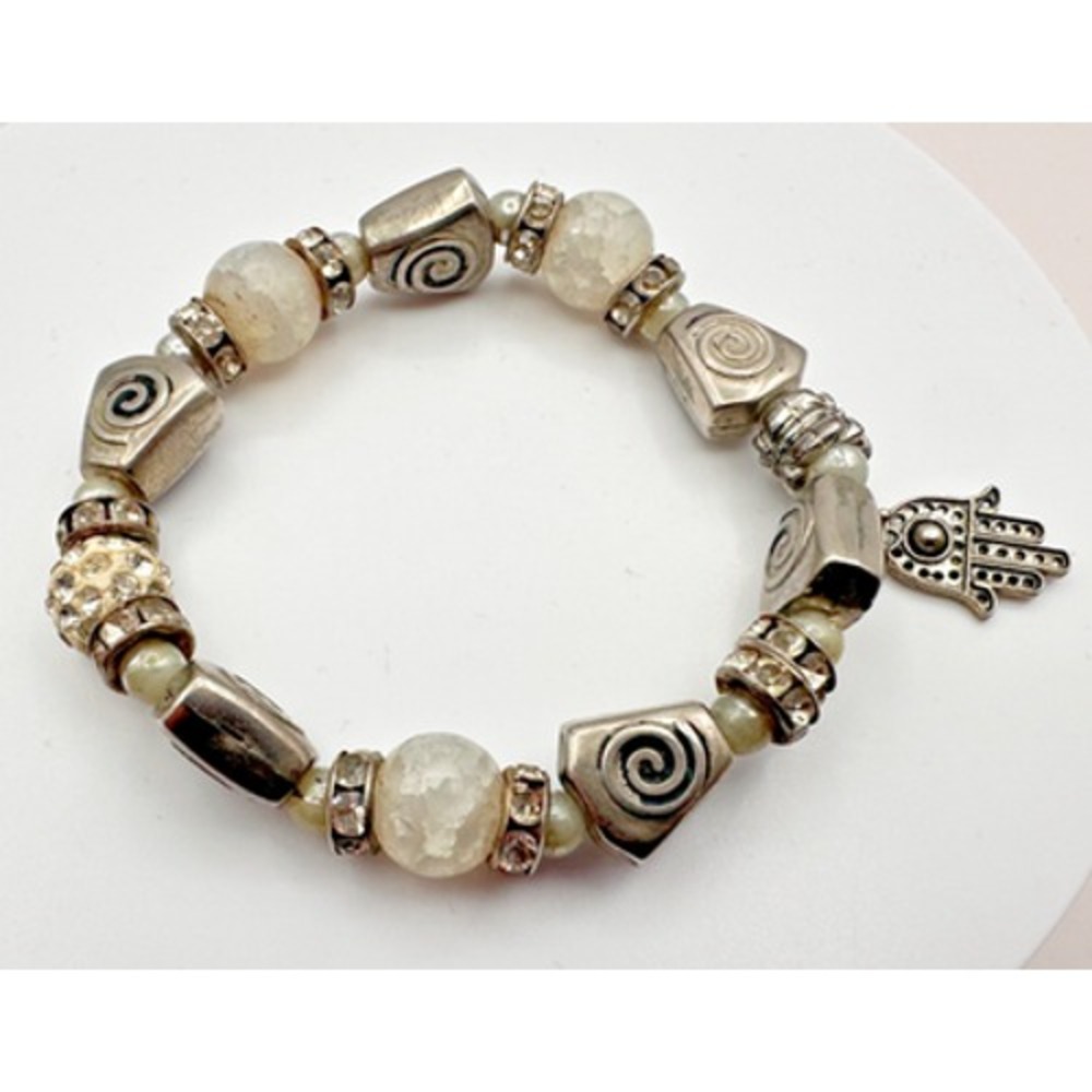 Vintage 90s Hamsa Hand Charm Stretch Bracelet Silver Tone Rhinestone Beaded Boho